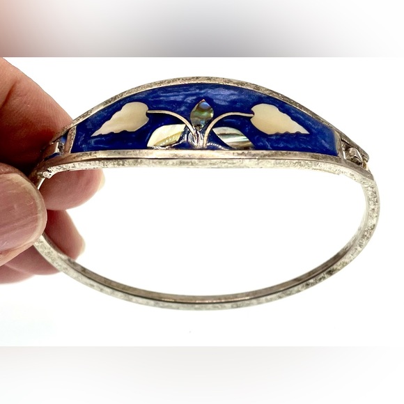Vintage Signed Alpaca Mexico Silver Blue Enamel Inlaid Abalone MOP Bracelet - Picture 4 of 8
